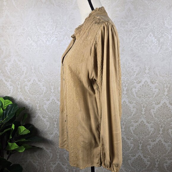 Soft Surroundings Sz Large River Valley Tan Embroidered Tunic Blouse Split Vneck - Picture 8 of 15